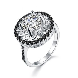 Elegancki srebrny pierścionek - wydrążony kwiatek - białe / czarne kryształkiPierścionki