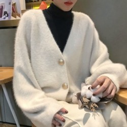 Modny miękki kardigan - luźny krótki sweterek - zapinany na guziki - kaszmir z norekBluzy & Swetry
