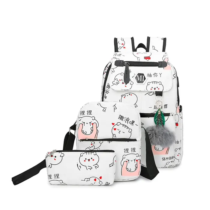 USB charging school backpack canvas 3 pcs setBags