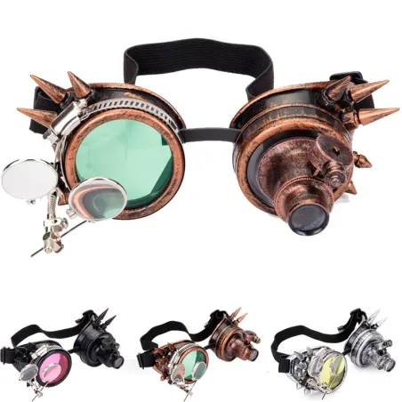 Okrągłe okulary w stylu gotyckim i steampunkowym - vintage gogle nitowe - ze światłemOkulary Przeciwsłoneczne