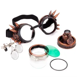 Okrągłe okulary w stylu gotyckim i steampunkowym - vintage gogle nitowe - ze światłemOkulary Przeciwsłoneczne