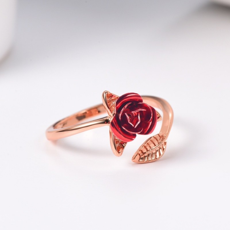 Gold & silver ring with red rose - adjustableRings